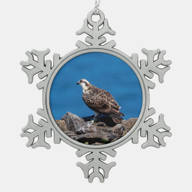 Osprey on the rocks snowflake pewter christmas ornament (Front)