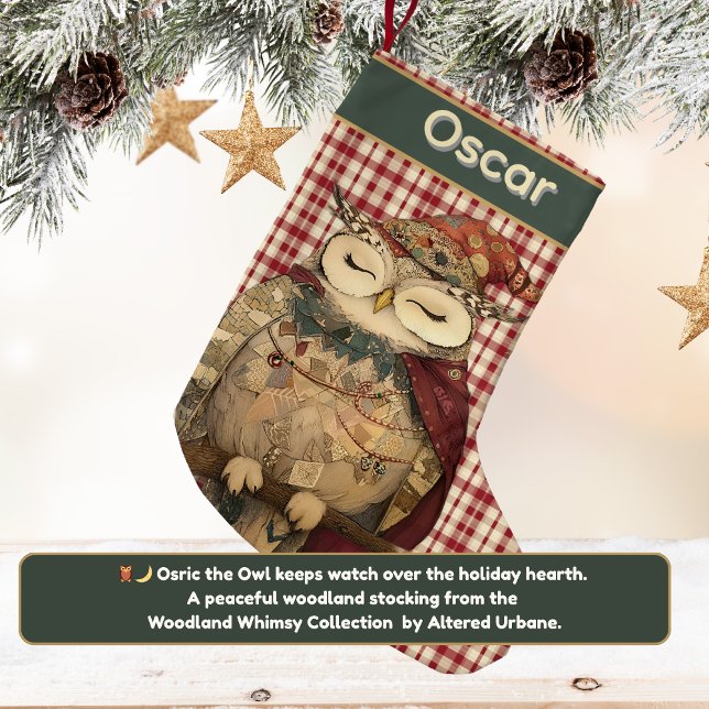 Osric the Owl | Woodland Whimsy  Small Christmas Stocking (Osric the Owl Personalized stocking from the Woodland Whimsy Collection)
