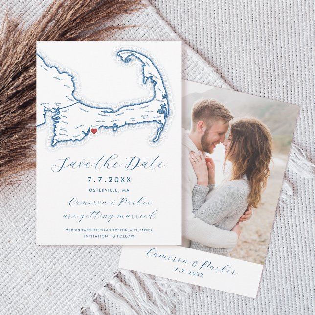 Osterville MA Cape Cod Map Navy Blue Wedding Save The Date (Osterville MA Cape Cod Map Save the Date with Photo in Elegant Modern navy blue. Coastal Map Designs)
