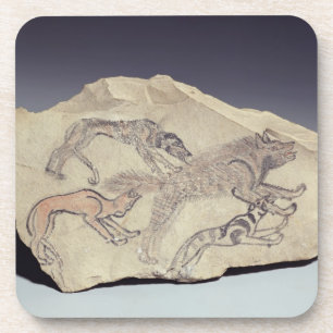 Ostracon depicting a dog chasing a hyena (limeston coaster