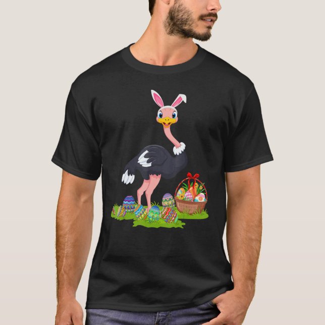 Ostrich Bird Easter Egg Hunting Bunny Ostrich East T-Shirt (Front)