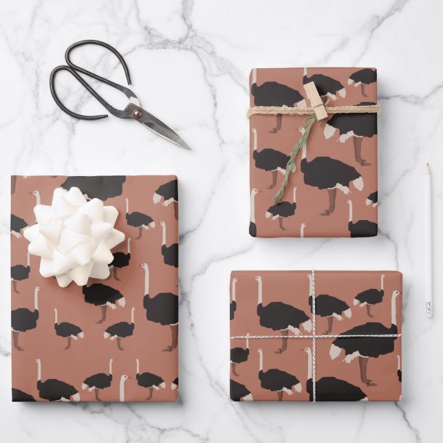 Ostrich Bird Illustration Pattern Wrapping Paper Sheet (Front)