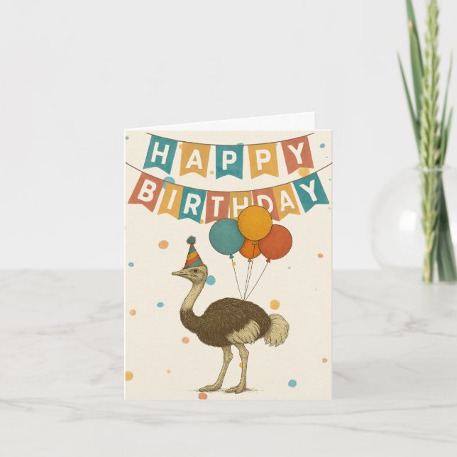 Ostrich Birthday Card – Fun Party Animal (Front)