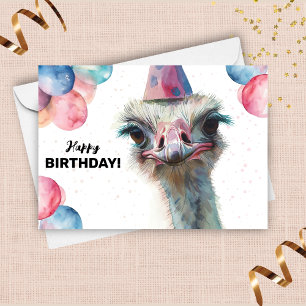 Ostrich Funny Colourful Balloons Hat Happy Birthda Card