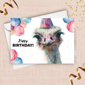 Ostrich Funny Colourful Balloons Hat Happy Birthda Card