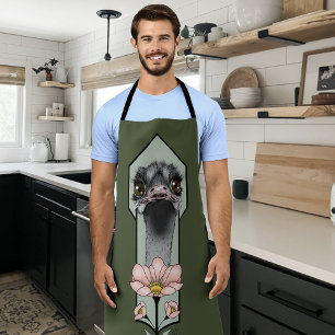 Ostrich Pink  Flowers Olive Green Art Deco  Apron