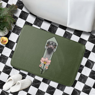 Ostrich Pink  Flowers Olive Green Art Deco  Bath Mat