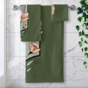 Ostrich Pink Flowers Olive Green Art Deco Bath Towel Set