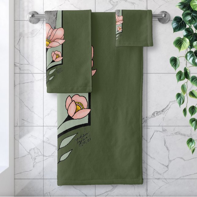 Ostrich Pink  Flowers Olive Green Art Deco  Bath Towel Set (Creator Uploaded)