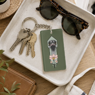 Ostrich Pink Flowers Olive Green Art Deco Key Ring