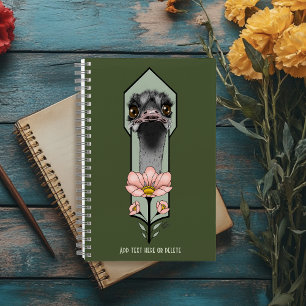 Ostrich Pink Flowers Olive Green Art Deco Notebook