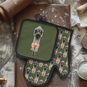 Ostrich Pink Flowers Olive Green Art Deco Oven Mitt & Pot Holder Set