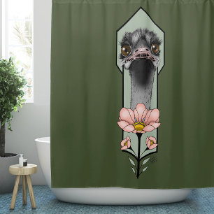 Ostrich Pink  Flowers Olive Green Art Deco  Shower Curtain