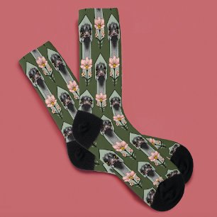 Ostrich Pink Flowers Olive Green Art Deco Socks