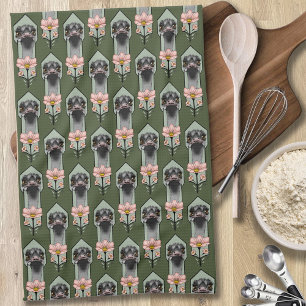 Ostrich Pink Flowers Olive Green Art Deco Tea Towel