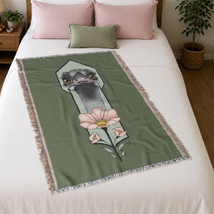 Ostrich Pink Flowers Olive Green Art Deco Throw Blanket