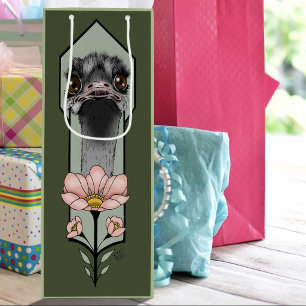 Ostrich Pink Flowers Olive Green Art Deco Wine Gift Bag