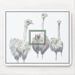 Ostriches Pen and Ink Illustration Monogram Mouse Pad
