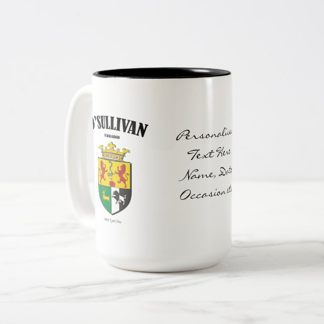 O'Sullivan Family Crest, Translation & Meaning Two-Tone Coffee Mug (Front Left)