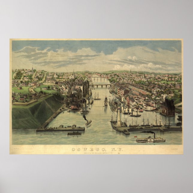 Oswego New York 1855 Antique Panoramic Map Poster (Front)