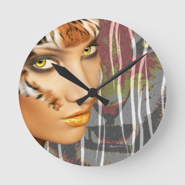 Otherkin Tiger Female Therian art, stunning makeup Round Clock (Front)