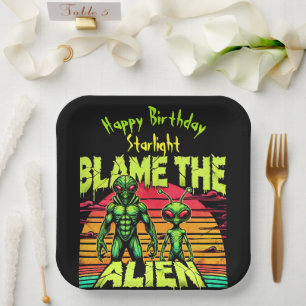 Otherworldly Aliens Watch Vibrant Sunset Paper Plate