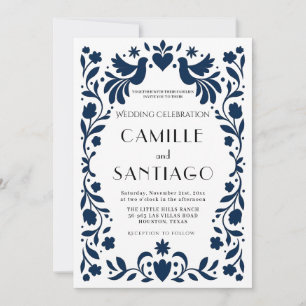 Otomi Birds Wedding Invitation Navy Folk Elegant