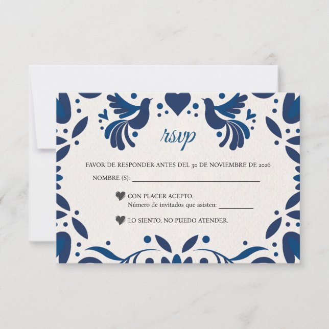 Otomi Blue Floral Elegant Fiesta Spanish Wedding RSVP Card (Front)