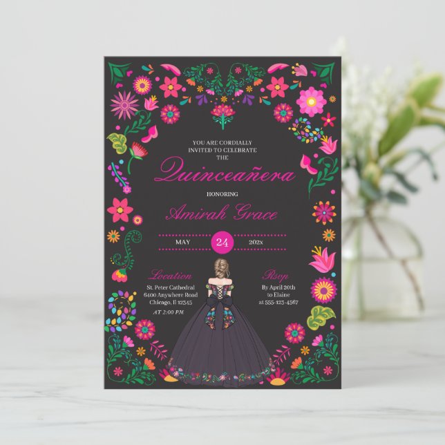 Otomi Embroidery Princess Quinceañera Invitation (Standing Front)