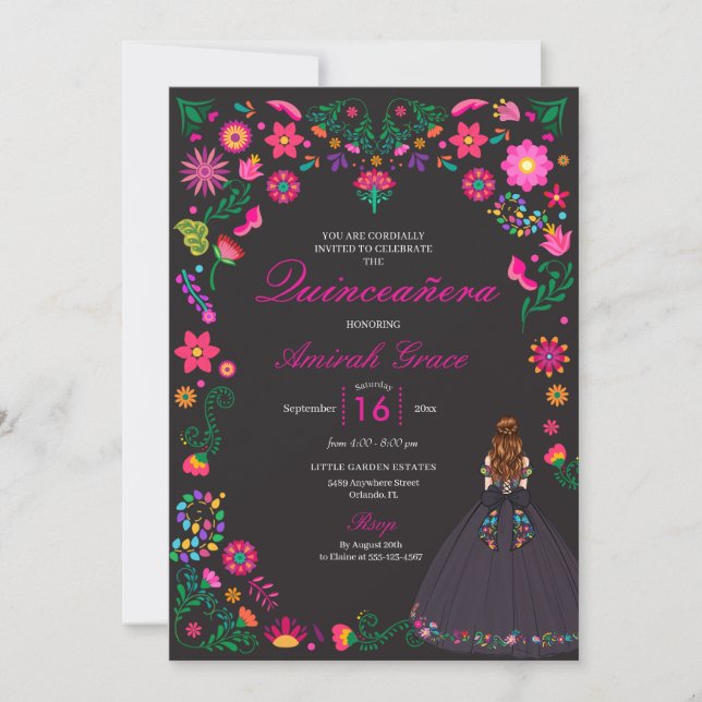 Otomi Mexican Embroidery Quinceañera Invitation (Front)