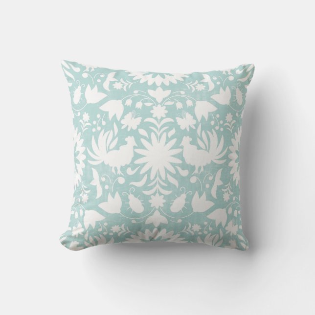 Otomi Print, Aqua & White Boho Throw Pillow (Front)