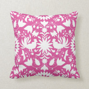 Otomi Print, Bright Pink & White Boho Throw Pillow