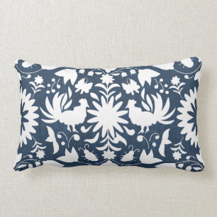 Otomi Print, Navy Blue & White Boho Throw Pillow