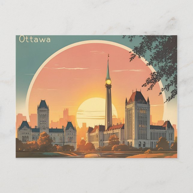 Ottawa Canada Skyline –Bold Retro Sunset Cityscape Postcard (Front)