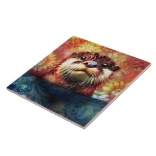 Otter Abstract Floral Teal Orange Red Brown Otters Ceramic Tile