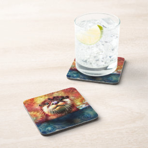Otter Abstract Floral Teal Orange Red Brown Otters Coaster