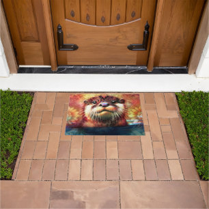 Otter Abstract Floral Teal Orange Red Brown Otters Doormat