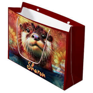 Otter Abstract Floral Teal Orange Red Brown Otters Large Gift Bag