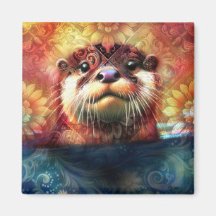 Otter Abstract Floral Teal Orange Red Brown Otters Magnet