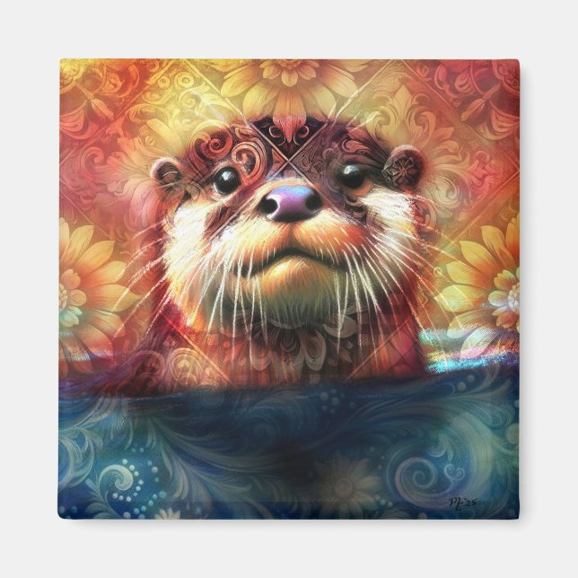 Otter Abstract Floral Teal Orange Red Brown Otters Magnet (Front)