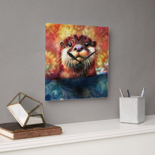 Otter Abstract Floral Teal Orange Red Brown Otters Square Wall Clock