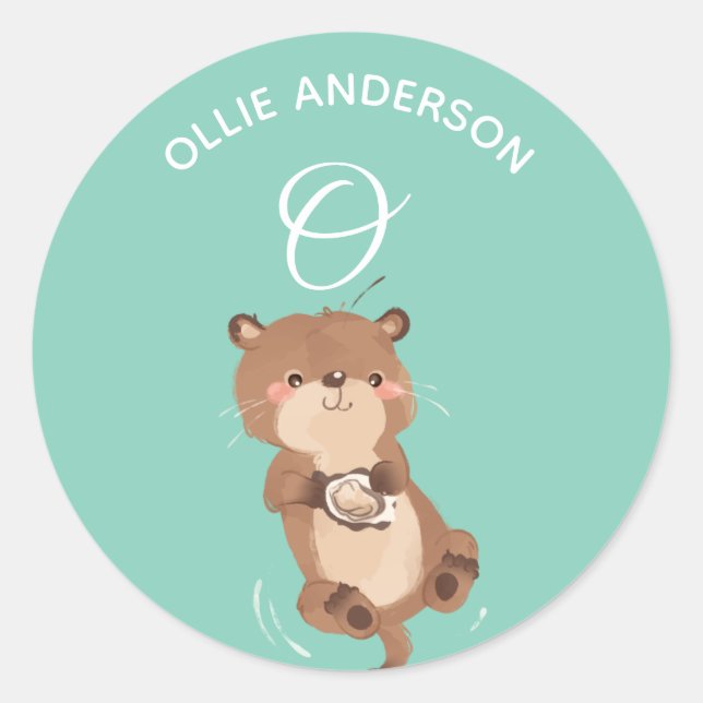 Otter • Alphabet Monogram Cute School Daycare Classic Round Sticker (Front)