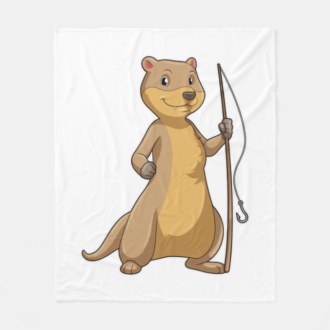 Otter as Fisher with Fishing rod Fleece Blanket (Front)