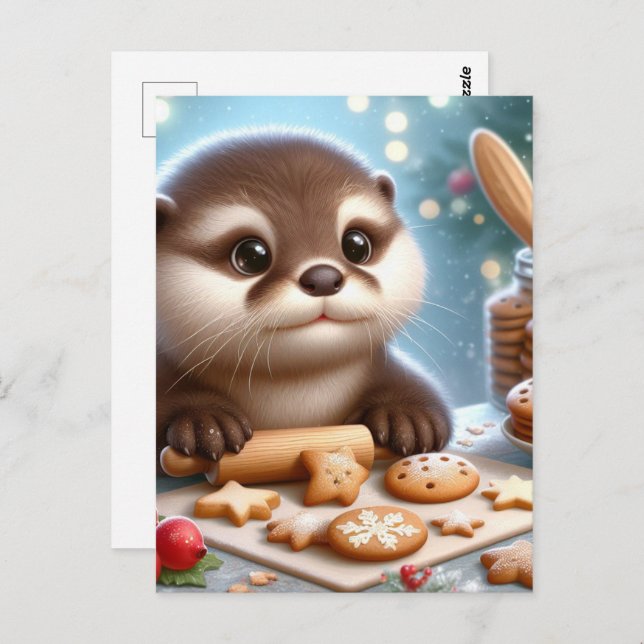 Otter Baking Christmas Cookies Postcard (Front/Back)