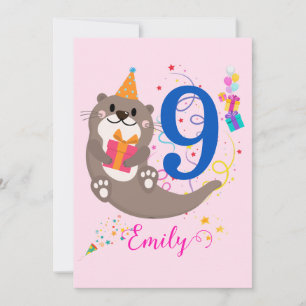 Otter Birthday Girl Party Colourful Balloons Theme Invitation