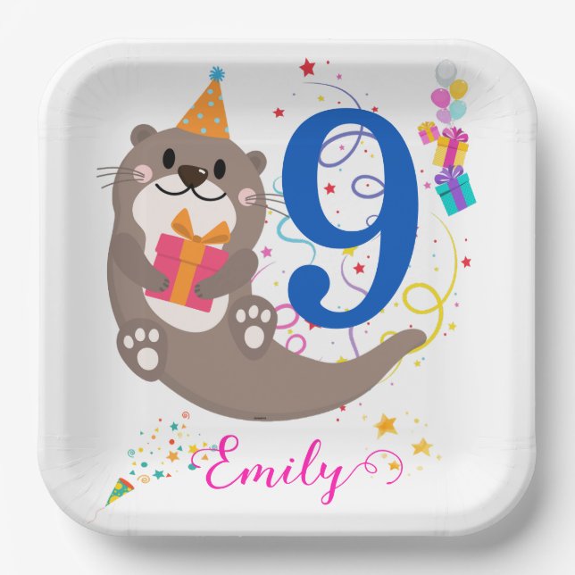 Otter Birthday Girl Party Colourful Balloons Theme Paper Plate (Front)