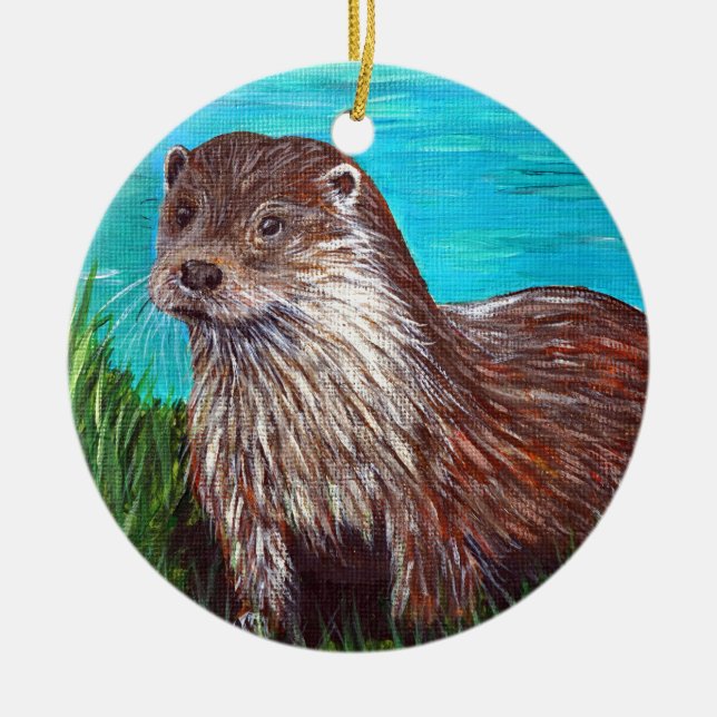 Otter by a River Painting Ceramic Ornament (Front)