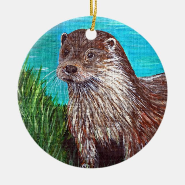 Otter by a River Painting Ceramic Ornament (Front)