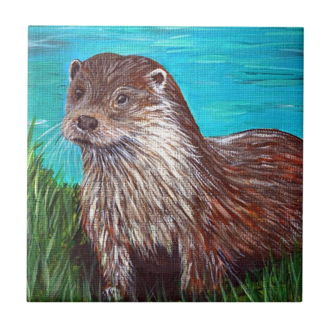 Otter by a River Painting Ceramic Tile (Front)