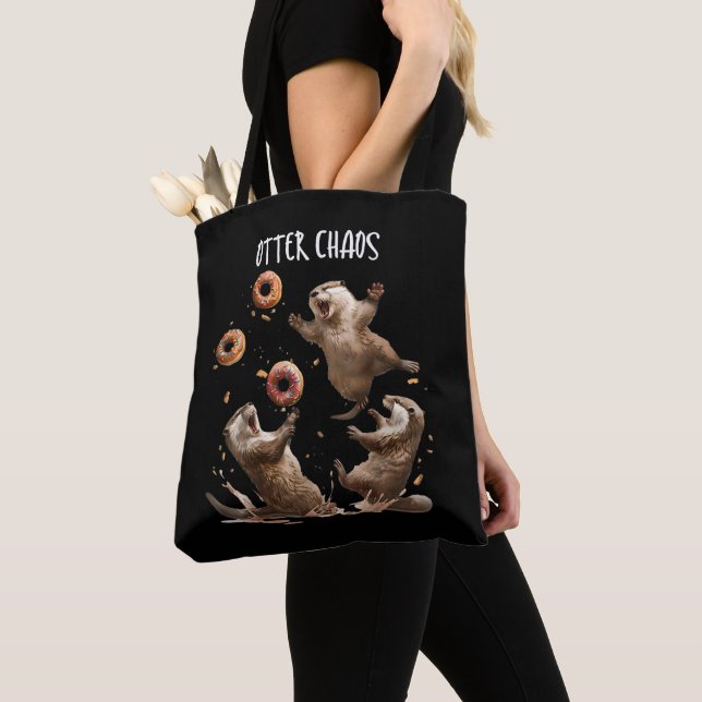 Otter Chaos Funny Bagel Fighting Sea Otters Pun An Tote Bag (Close Up)